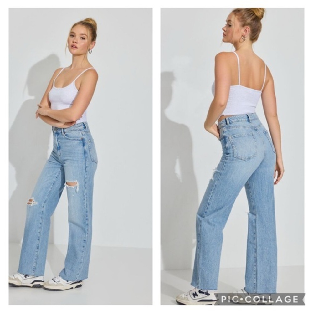 Garage Denim Wide Leg Distressed Raw Hem Blue Jeans Sz 27